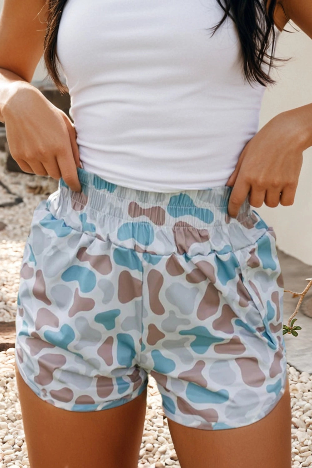 Camouflage Print Shirred High Waist Athleisure Shorts