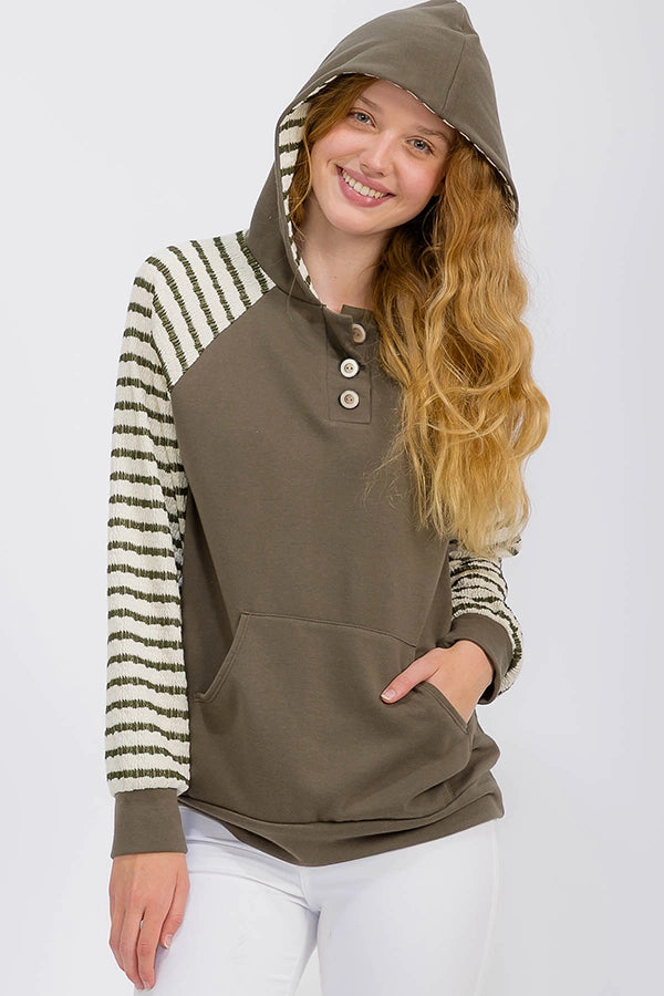 Stripe Hooded Top Olive/Cream