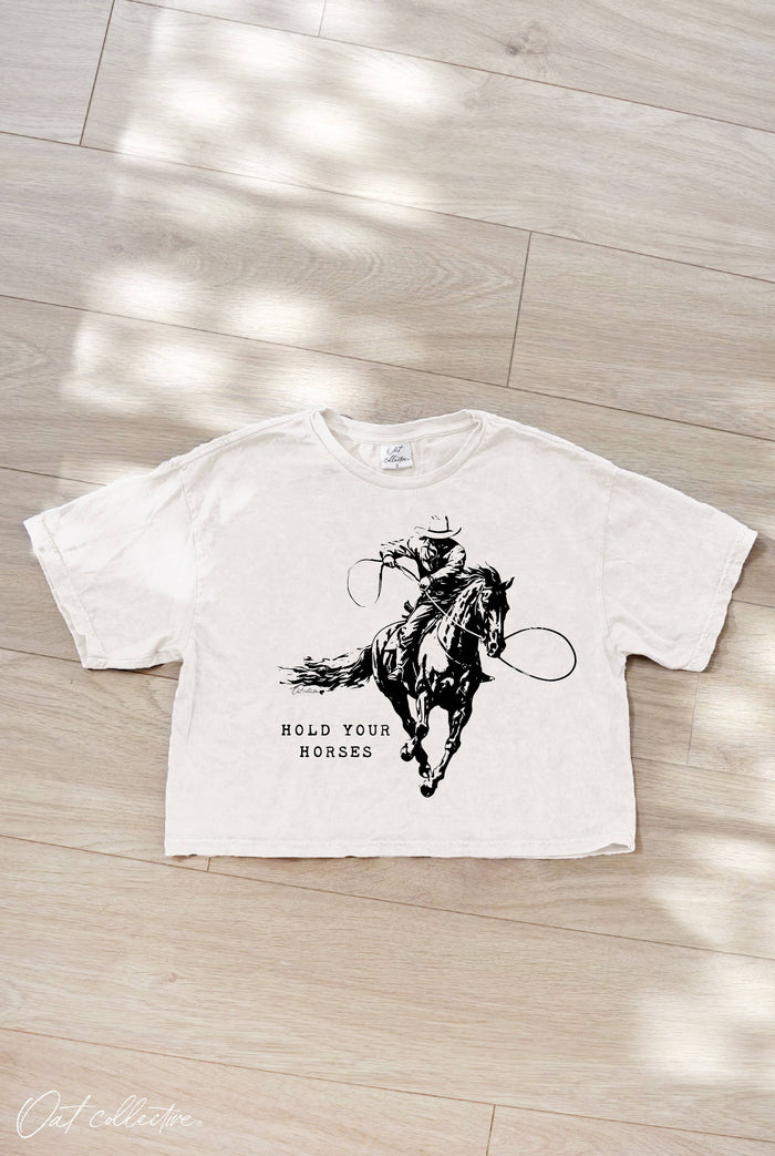 HOLD YOUR HORSES Cropped Mineral Graphic Top