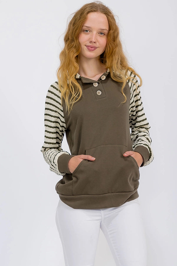 Stripe Hooded Top Olive/Cream