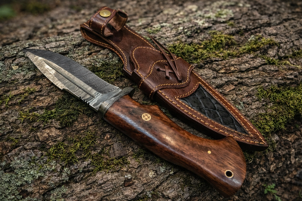 Hand-Forged Damascus Hunting Knife w/ Premium Leather Sheath