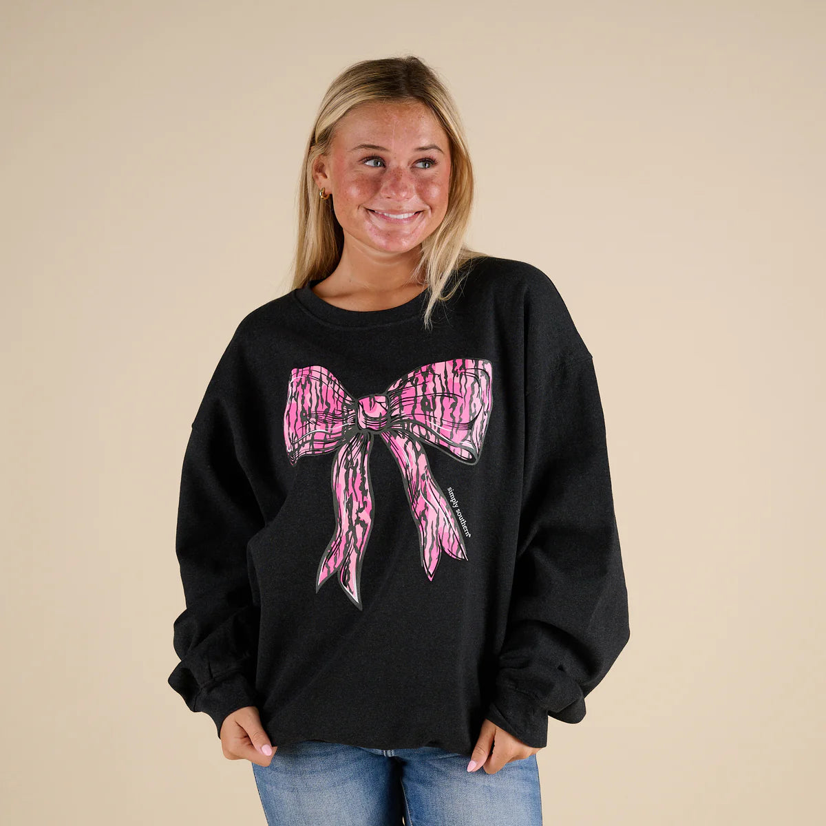 Pink Camo Bow Crewneck Sweatshirt in Black