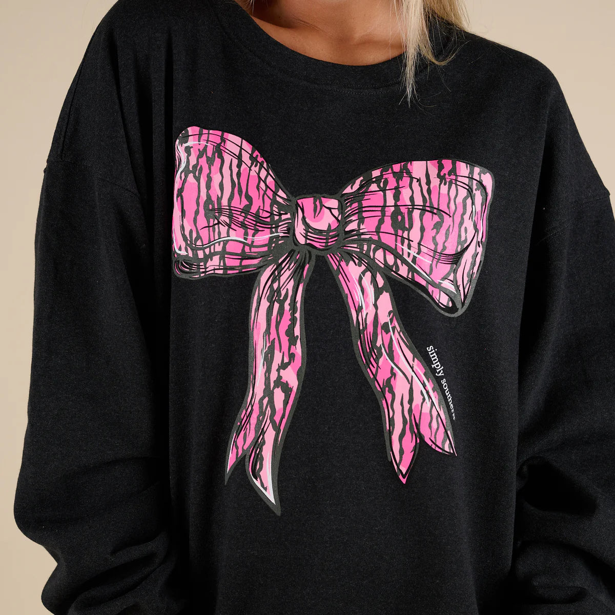 Pink Camo Bow Crewneck Sweatshirt in Black