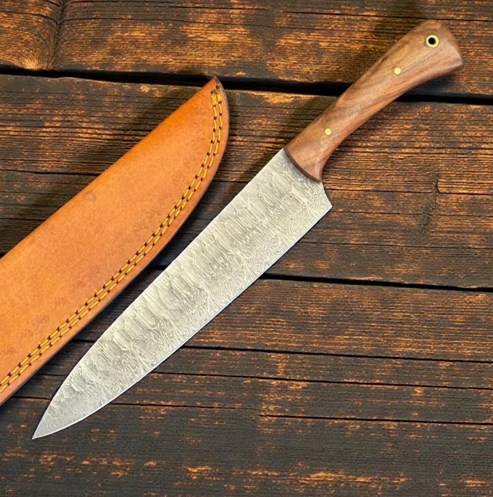 12.25" Damascus Steel Chef Knife OG wood handle with leather case