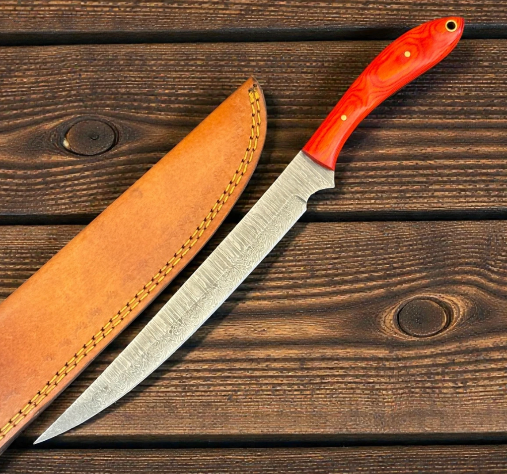 12" Damascus Fillet Knife Red With Leather Case