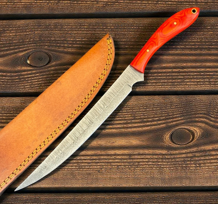12" Damascus Fillet Knife Red With Leather Case