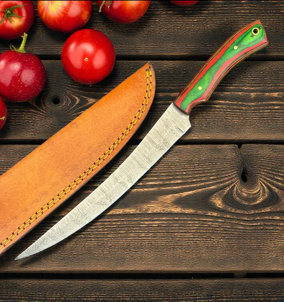 12" Damascus Fillet Knife Green/Red with leather case