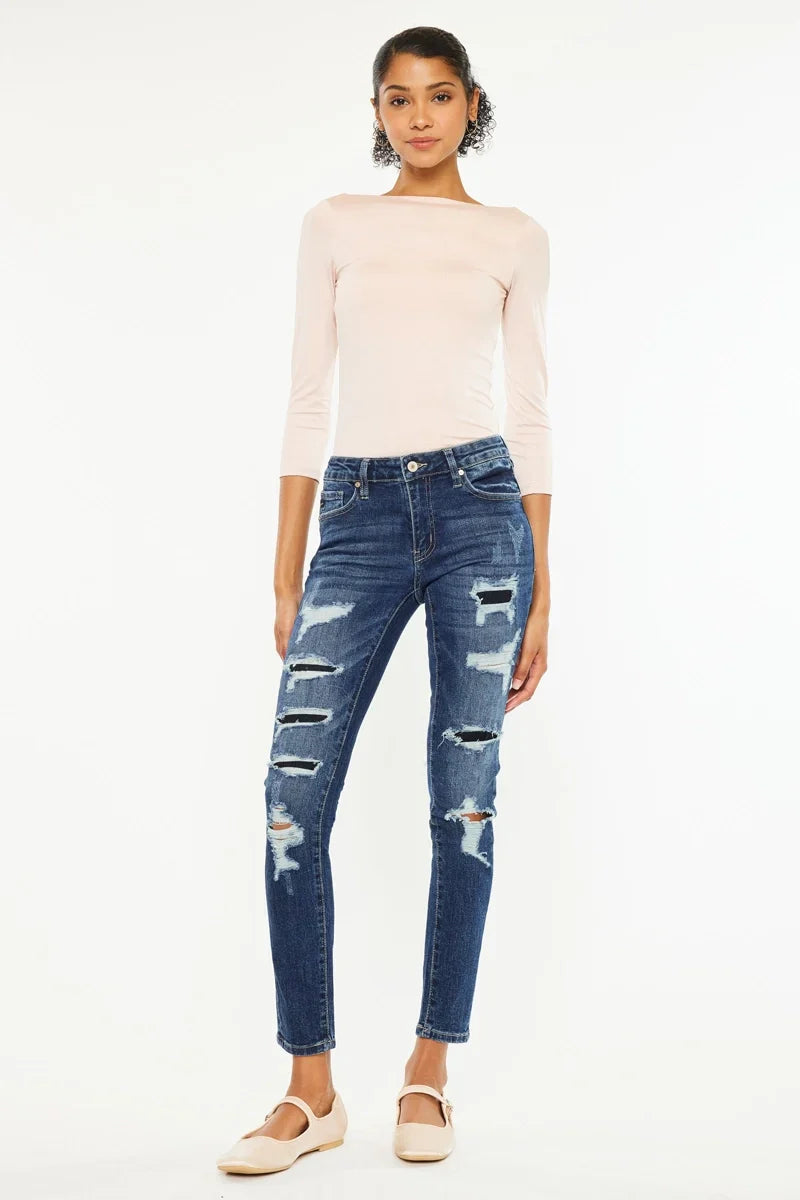 DISTRESSED MED RISE SUPER SKINNY JEANS