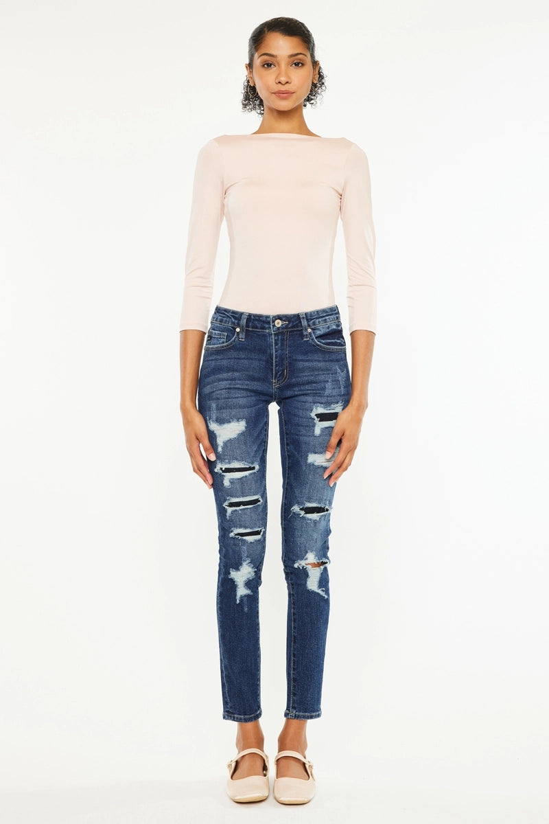DISTRESSED MED RISE SUPER SKINNY JEANS