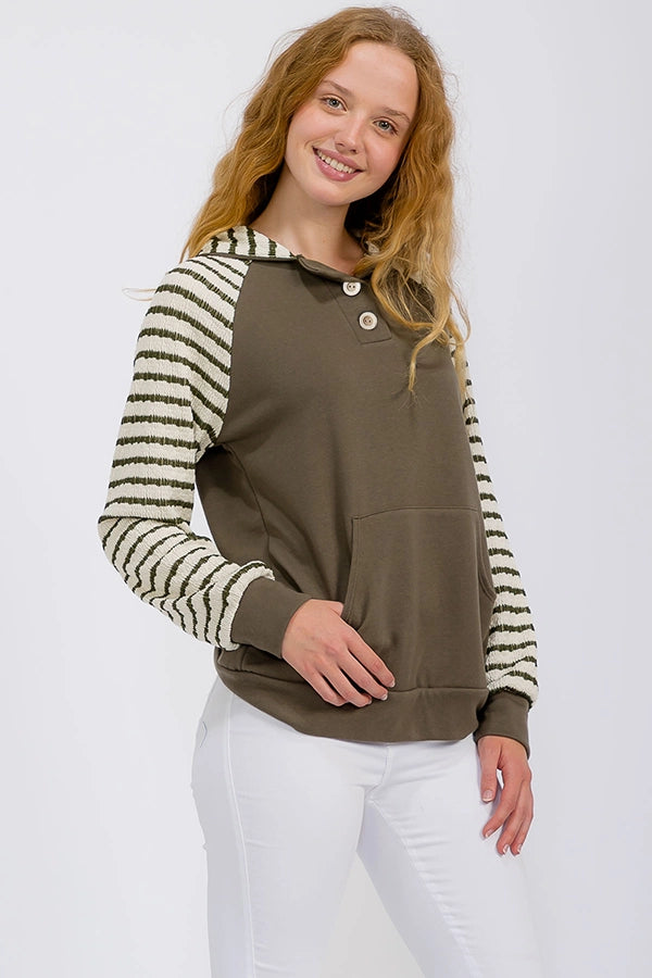 Stripe Hooded Top Olive/Cream