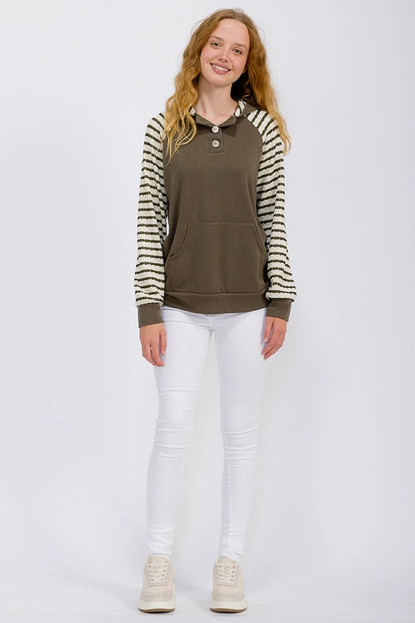 Stripe Hooded Top Olive/Cream