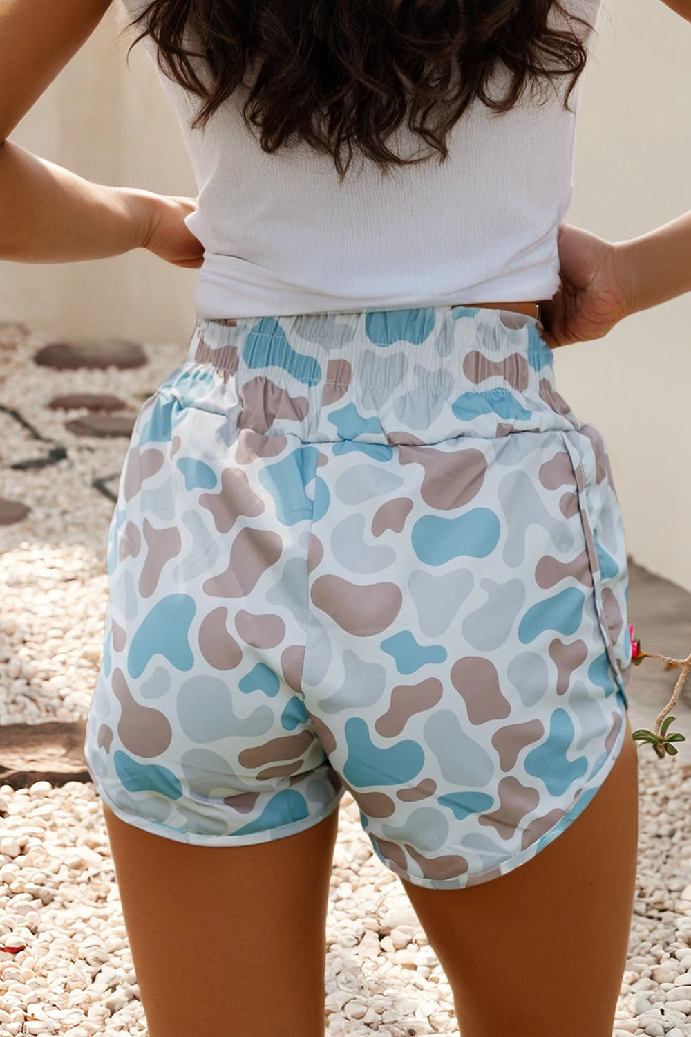 Camouflage Print Shirred High Waist Athleisure Shorts