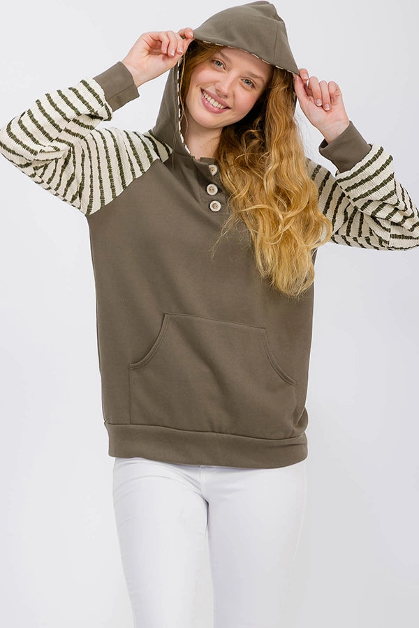 Stripe Hooded Top Olive/Cream